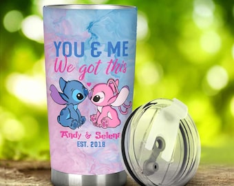 Personalized blue ohana Tumbler Travel Cup Gift, blue character  Floral Cartoon Stainless Steel Insulated Cup, angel & Stitch Lovers Gifts