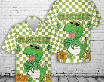 Camisa hawaiana de San Patricio, divertida camisa de dinosaurio de San Patricio, camisa aloha verde de trébol irlandés, ropa de fiesta del Día de San Patricio