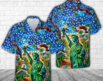 Camisa hawaiana de San Patricio, camisa de la Estatua de la Libertad, camisa irlandesa americana, camisa de San Patricio de EE. UU., camisa festiva del trébol, camisa hawaiana de trébol verde