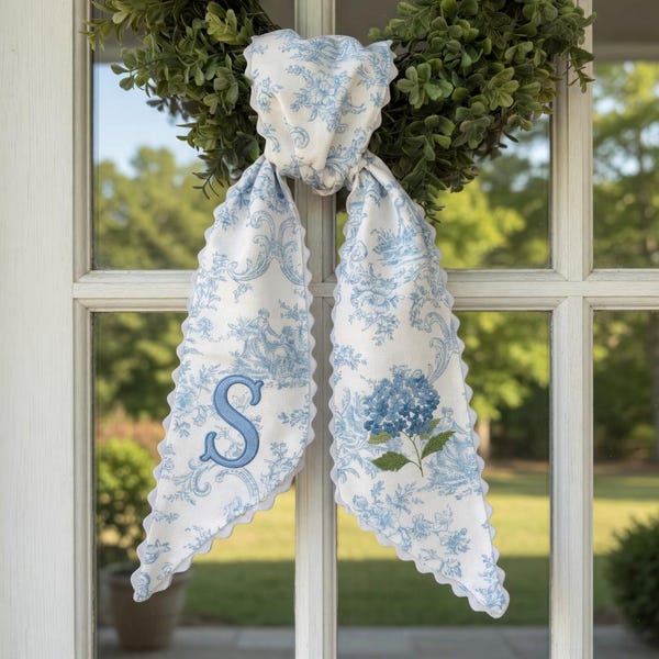 Custom Embroidered Custom Hydrangea Wreath Sash, Embroidered Front Door Bow, Spring Summer Decor Housewarming gift