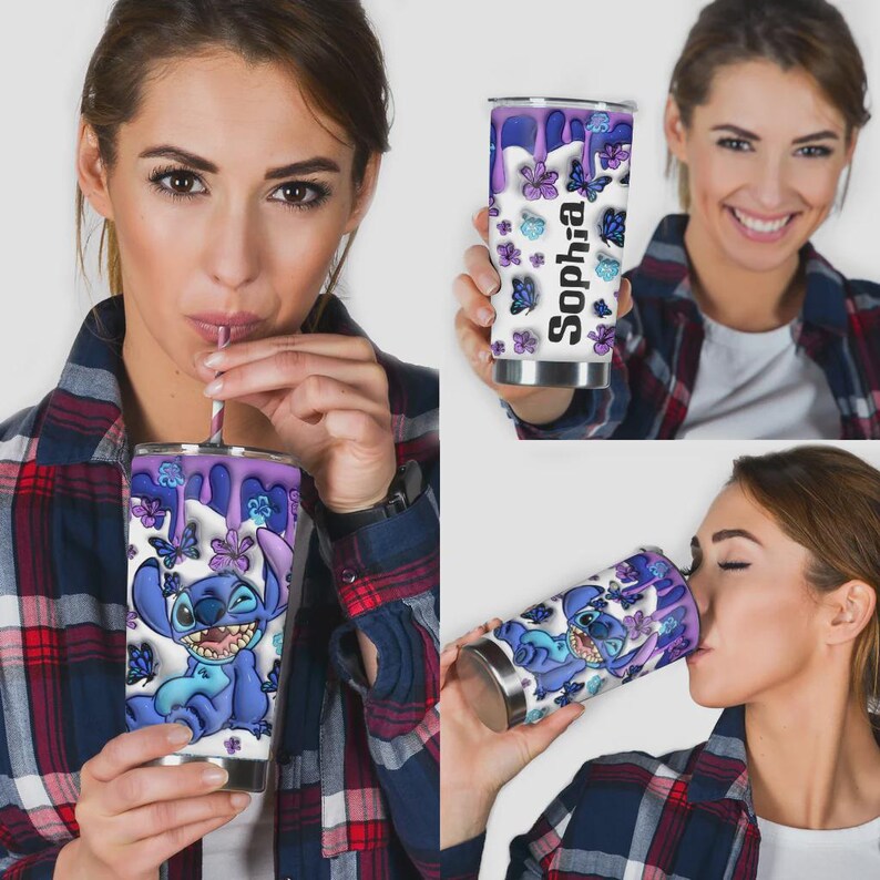 May include: A white stainless steel tumbler featuring a cartoon character, purple butterflies, and the name "Sophia". The tumbler has a purple dripping design at the top and is being held by a person.