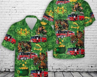 Camisa hawaiana de bombero de San Patricio, camisa aloha de camión de bomberos con trébol irlandés, ropa divertida de bombero con duende, regalo del Día de San Patricio