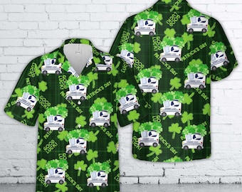 Camisa hawaiana de camión de correos del Día de San Patricio, divertida camisa abotonada de cartero, regalo navideño de repartidor con trébol