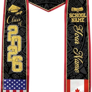 Afstudeerstola VS Canada 2026, aangepaste naam afstudeerstal, sjerp Amerikaanse Canadese vlag, gepersonaliseerde schoolstola, cadeau klas 2026