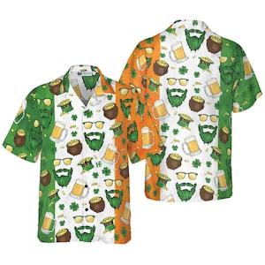 St Patrick Day Hawaiian Shirt, Irish Beard Beer Shirt, Funny Leprechaun Button Up, Green Orange Shirt, Party Vacation Outfit