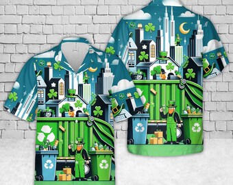 Camisa hawaiana de reciclaje para el Día de San Patricio, camisa Aloha ecológica urbana, camisa de trébol para basurero, divertido regalo de trabajo irlandés.
