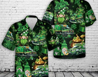 Camisa hawaiana de ambulancia de San Patricio, camisa de trébol irlandés paramédico de EMT, divertida camisa Aloha del Día de San Patricio, regalo verde para trabajadores médicos