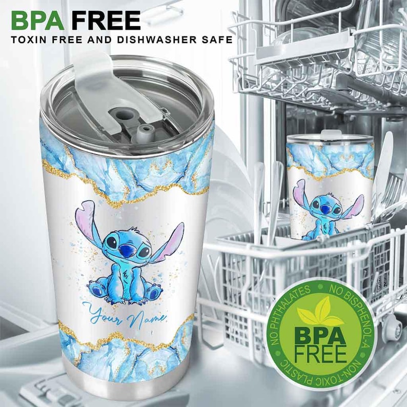 May include: Stainless steel tumbler featuring a blue cartoon character with large ears, set against a white background with blue and gold accents. The tumbler has a silver lid and the text "Your Name". The text "BPA FREE" and "TOXIN FREE AND DISHWASHER SAFE" are also visible.
