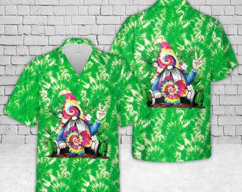 Camisa hawaiana de gnomo de San Patricio, camisa irlandesa de trébol con efecto tie-dye, ropa divertida de duende para el Día de San Patricio, camisa verde para festivales.