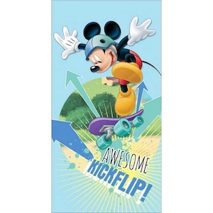 May include: A cartoon image of Mickey Mouse skateboarding. Mickey is wearing a helmet, gloves, and yellow shoes. The skateboard is purple with teal wheels. The image has the words "AWESOME KICKFLIP!" in a yellow and white font.