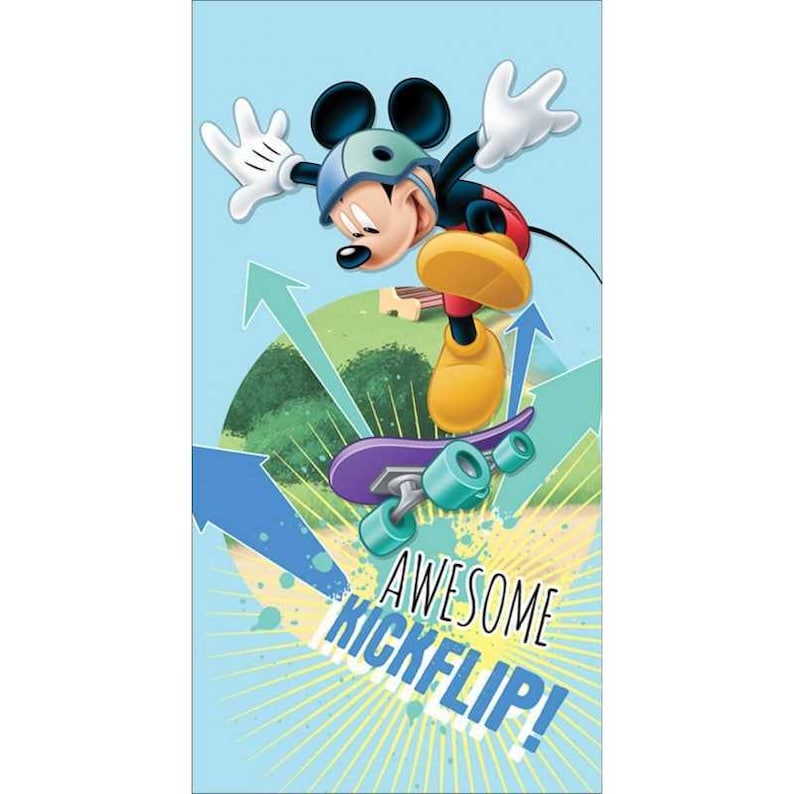 May include: A cartoon image of Mickey Mouse skateboarding. Mickey is wearing a helmet, gloves, and yellow shoes. The skateboard is purple with teal wheels. The image has the words "AWESOME KICKFLIP!" in a yellow and white font.
