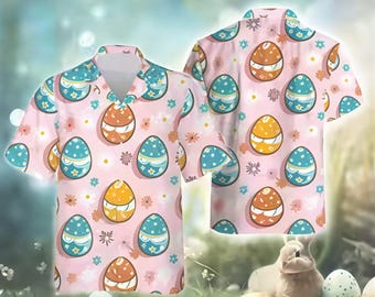Camisa hawaiana con huevo de Pascua, camisa rosa de Pascua para hombre y mujer, bonita camisa con botones de huevo, atuendo festivo de primavera, divertido regalo de Pascua.