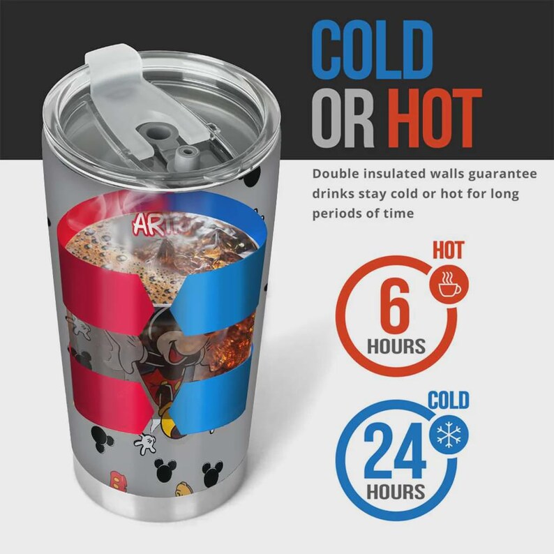 May include: A stainless steel travel mug with a lid, featuring a Mickey Mouse design. The mug has a red and blue stripe design with the words "COLD OR HOT". It keeps drinks cold for 24 hours and hot for 6 hours.