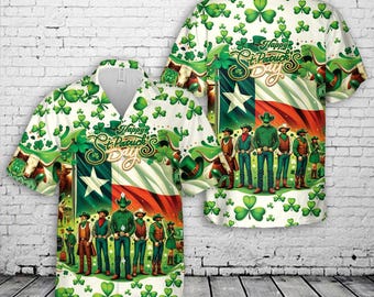 Camisa hawaiana del Día de San Patricio de Texas, camisa aloha de vaquero irlandés, camisa western de trébol, regalo divertido de San Patricio para hombres