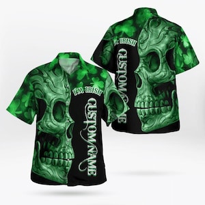 May include: Green skull-themed button-up shirt with the text "I'M IRISH" and "CUSTOM NAME". The shirt features a detailed skull design and shamrock patterns. The shirt is black and green.