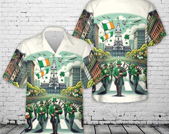 Camisa hawaiana del desfile de San Patricio, camisa con escena urbana de festivales irlandeses, ropa para el Día de San Patricio en Filadelfia, camisa de fiesta de duendes verdes