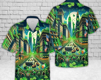 Camisa hawaiana del Día de San Patricio de Nueva York, camisa aloha del desfile de Nueva York, camisa con paisaje urbano de trébol, camisa de festival irlandés, regalo de San Patricio