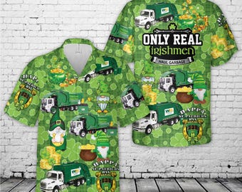 Camisa hawaiana de camión de basura para el Día de San Patricio, divertida camisa irlandesa de saneamiento, camisa aloha de duende con trébol, regalo de trabajo para hombres