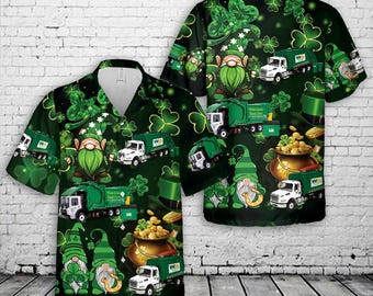 Camisa hawaiana de camión de basura para el Día de San Patricio, camisa aloha de Waste Management, camisa de duende con trébol, divertido regalo de trabajo irlandés.