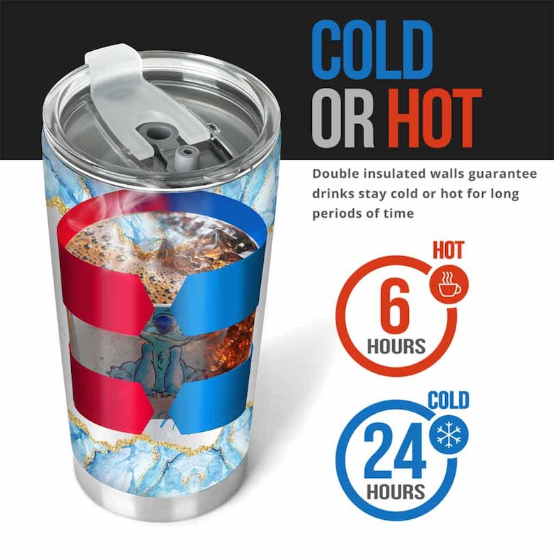 May include: Stainless steel tumbler with a blue, gold, and white marble design. The tumbler features a red, white, and blue band with a cartoon character. Text on the tumbler reads "COLD OR HOT" and "6 HOURS" and "24 HOURS".