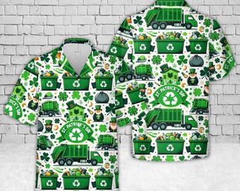 Camisa hawaiana de reciclaje para el Día de San Patricio, camisa aloha con camión de basura verde, camisa ecológica con trébol, divertido regalo de trabajo irlandés.