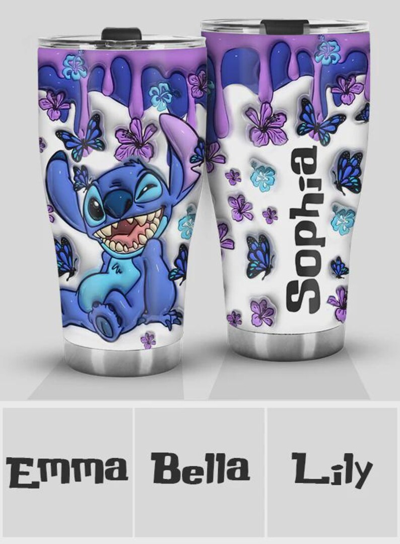 May include: A stainless steel tumbler featuring a cartoon character, Stitch, surrounded by butterflies and flowers in shades of blue, purple, and white. The tumbler has a personalized name, "Sophia", printed vertically on the side.