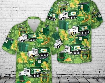 Camisa hawaiana de San Patricio de Waste Management, divertida camisa de camión de basura con trébol, camisa aloha verde de trabajo irlandesa, regalo para fiesta del Día de San Patricio