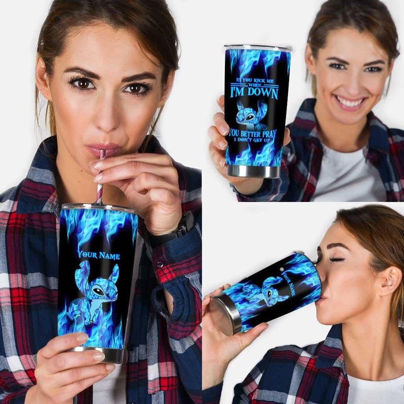 May include: A stainless steel tumbler featuring a blue cartoon character design with blue flames on a black background. The tumbler has the text "You kick me when I'm down, you better pray I don't get up" and "Your Name".