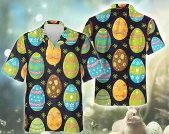 Camisa hawaiana con huevo de Pascua, colorida camisa de Pascua para hombre y mujer, camisa negra abotonada, atuendo festivo de primavera, divertido regalo de Pascua.