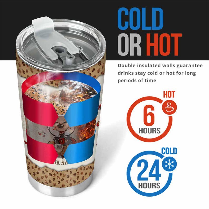 May include: Stainless steel travel mug with a coffee bean pattern and a cartoon character design. The mug has a red and blue stripe design and the text "COLD OR HOT". It keeps drinks hot for 6 hours and cold for 24 hours.