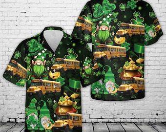 Camisa hawaiana de San Patricio, camisa de duende de autobús escolar, camisa de autobús con trébol irlandés, camisa de trébol verde, camisa del Día de San Patricio, camisa irlandesa divertida