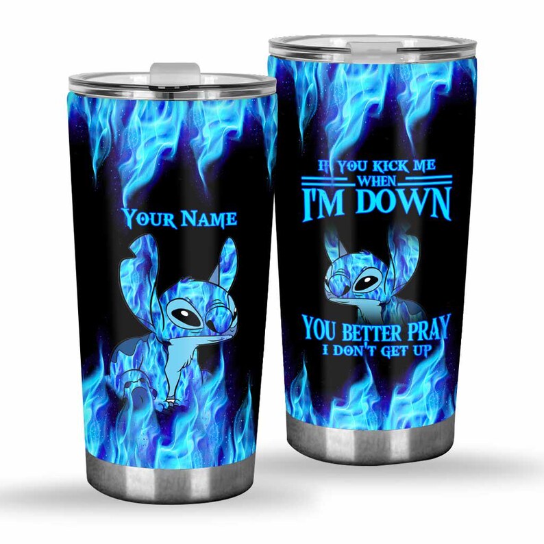 May include: Two stainless steel tumblers with a blue flame design and a cartoon character. One tumbler has the text "Your Name", the other says "If you kick me when I'm down, you better pray I don't get up."
