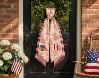 Guirnalda de guirnalda patriótica bordada a medida, lazo para puerta principal con la bandera estadounidense, decoración de primavera y verano, lazo para puerta del 4 de julio, decoración del hogar