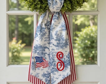 Guirnalda de guirnalda patriótica azul bordada a medida, lazo para puerta principal con la bandera estadounidense, decoración de primavera y verano, lazo para puerta del 4 de julio, decoración del hogar