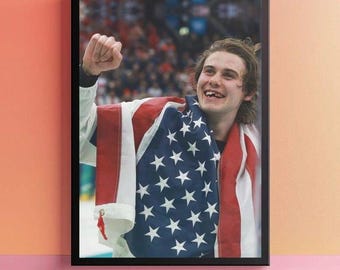 Lámina artística de Jack Hughes, póster de campeón de hockey sobre hielo, estética de diente astillado, decoración de pared de atleta