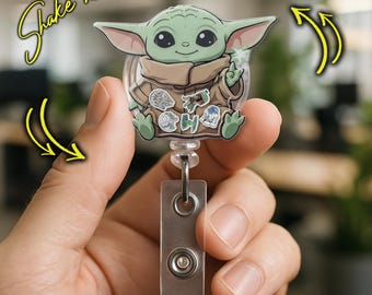 Baby Yoda Shaker Badge Reel, Grogu Badge Holder, Star Wars Inspired Retractable ID Clip, Cute Nurse Badge Reel AYEO11