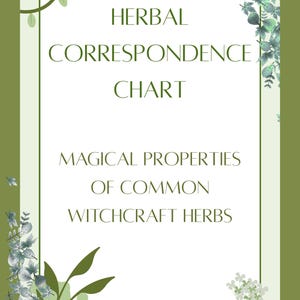Könnte beinhalten: Eine grün-weiße Tabelle mit dem Text "HERBAL CORRESPONDENCE CHART" und "MAGICAL PROPERTIES OF COMMON WITCHCRAFT HERBS." Die Tabelle ist mit grünen Blättern und dem Text "THE DIVINE WITCH CO." verziert.