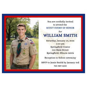 May include: Invitation card with a photo of a young man in a Boy Scout uniform. The card has a red, white, and blue border and includes text inviting guests to a Scout Court of Honor for William Smith.