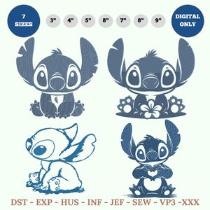 May include: Digital embroidery designs featuring the character Stitch in various poses. The designs are in shades of blue and include text indicating sizes from 3" to 9" and file formats. The image also includes the text "DIGITAL ONLY".