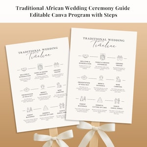 May include: Two wedding ceremony guides with a timeline of events, including welcome, entrances, prayer, and dance. The guides are white with black text and illustrations, tied with white ribbons. The text reads "Traditional Wedding Timeline."