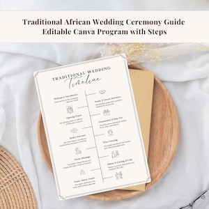 Guía de ceremonias de boda tradicionales africanas / Programa editable en Canva con pasos