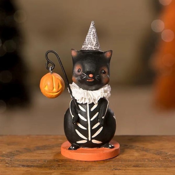 Skeleton Cat With Pumpkin Lantern - Bethany Lowe | Vintage Inspired Halloween Decor | Michelle Lauritsen