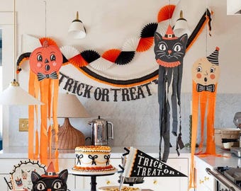 Vintage Hanging Characters with Streamers | Halloween Party Decor | Seasonal Backdrops