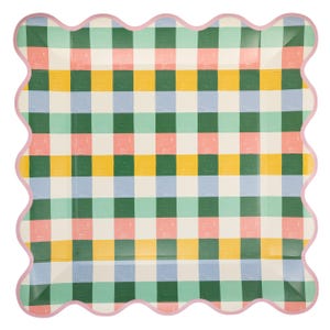 May include: A square paper plate with a colorful gingham pattern in green, yellow, pink, and blue. The plate has a scalloped edge with a pink border. The design is reminiscent of a picnic or party theme.
