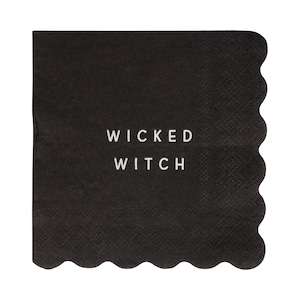 May include: A black square napkin with a scalloped edge. The words "WICKED WITCH" are printed in white, centered on the napkin. The napkin is likely made of paper and is suitable for a Halloween party.