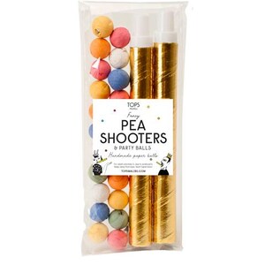 May include: A clear plastic bag contains colorful pea shooters and party balls. The bag includes several gold-wrapped tubes and a variety of small, colorful paper balls. The label reads "Fancy Pea Shooters & Party Balls".