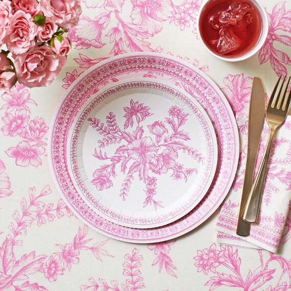 Pink French Toile Salad Plates | Spring Party Tableware | Grandmillennial Chinoiserie Bridal Shower | Mother's Day