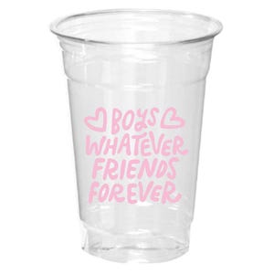 May include: A clear plastic cup with the words "BOYS WHATEVER FRIENDS FOREVER" in pink lettering. The cup is transparent, allowing the contents to be visible. The text is in a playful, handwritten style.
