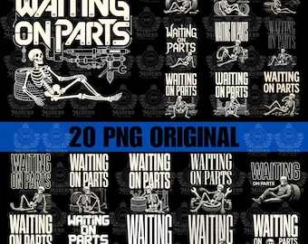 May include: A collection of black and white PNG images featuring the phrase "WAITING ON PARTS" with skeleton illustrations. The images depict skeletons in various poses, often with tools or tires, on a black background.