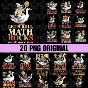 May include: A collection of PNG images featuring a whimsical design. The central theme is a frog wizard riding a goose, holding a die, and the text "Let's Roll Math Rocks and do war crimes." The images are in various styles and arrangements.